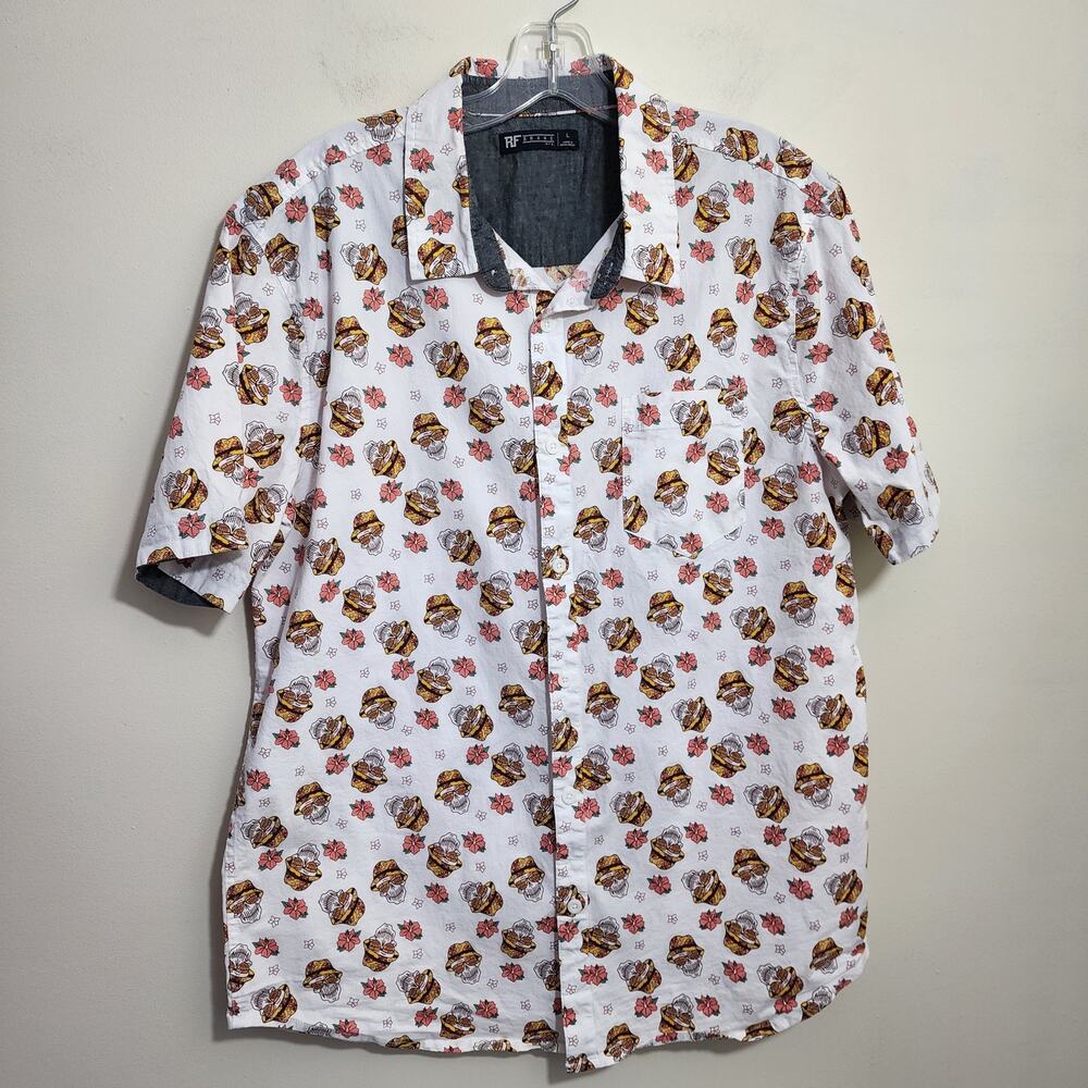 RF Brand skull in a bucket hat print button front short sleeve shirt mens size L